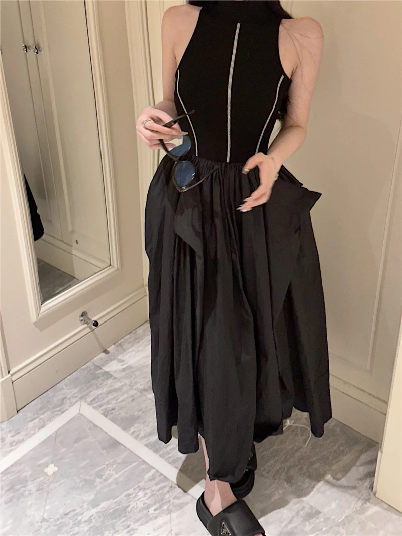 Casual Black Knitted Dresses for Women Sleeveless Vest Dress A-line Casual Korean Fashion Half High Collar Autumn New Vestido