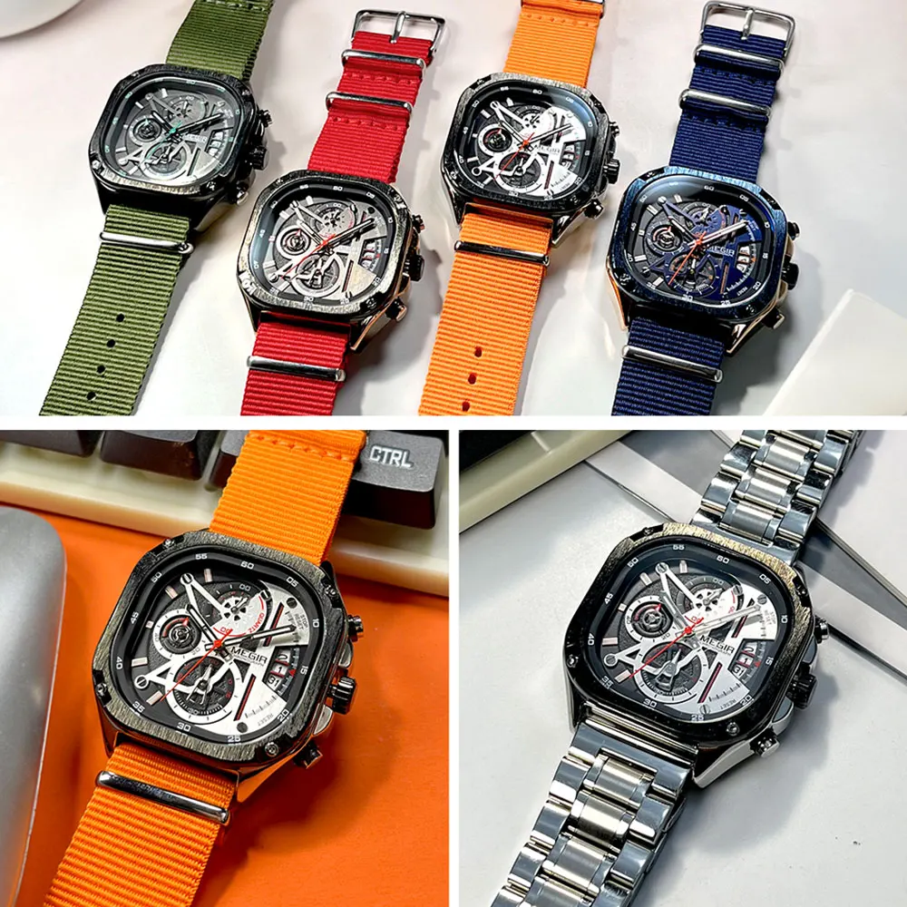 MEGIR Black Quartz Watch Men Waterproof Square Dial Wristwatch with Chronograph Stainless Steel Strap Luminous Hands Auto Date - 5