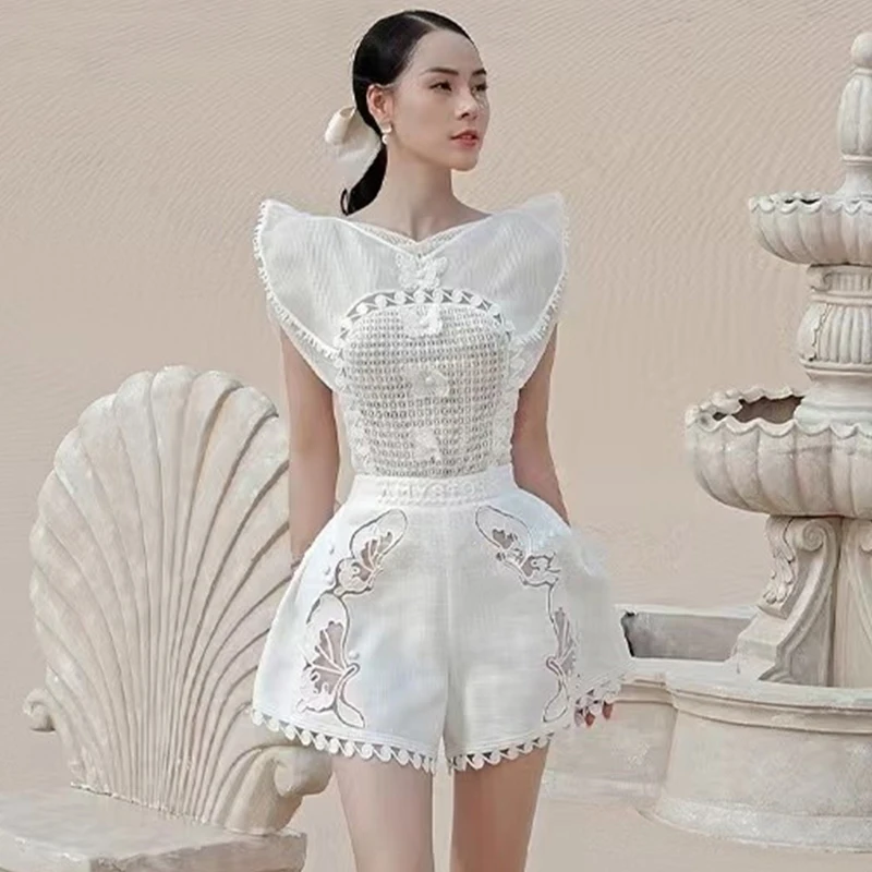 

White Embroidery Lace 2 Piece Sets Women 2023 Summer Vacation Hook Flower Hollow Tops + High Waisted Shorts Ladies Luxury Sets