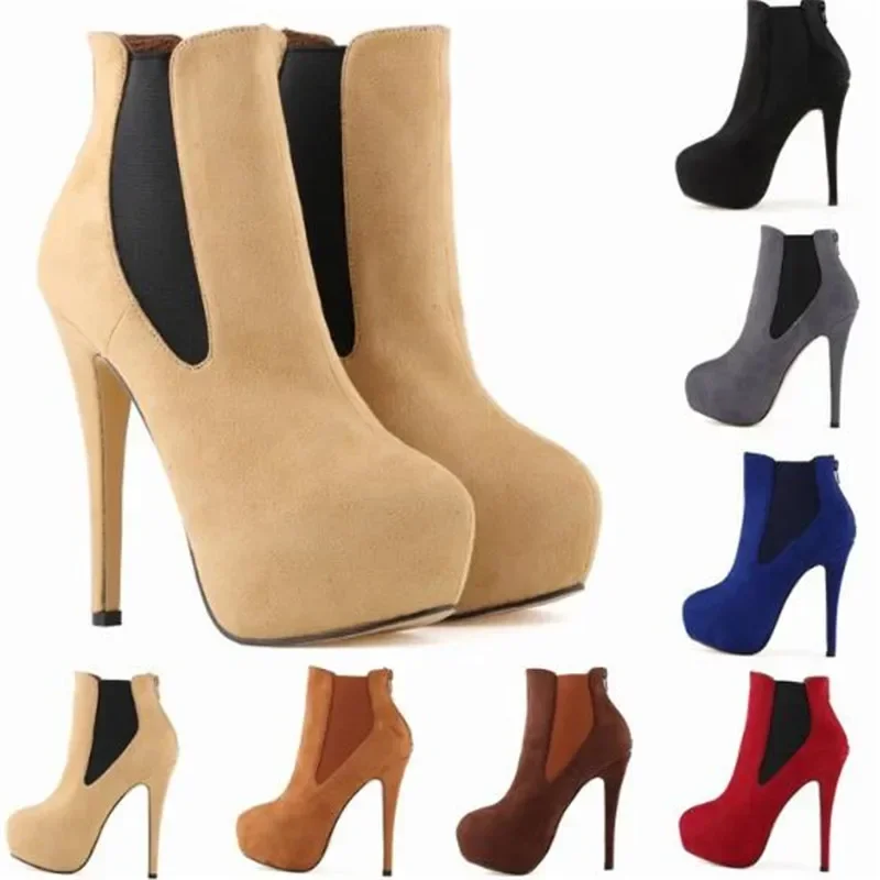 

Ankle Boots Women's Flock Elastic band 14CM Thin Heels Round Toe Waterproof platform Short Boot Party OL Office Woman shoes