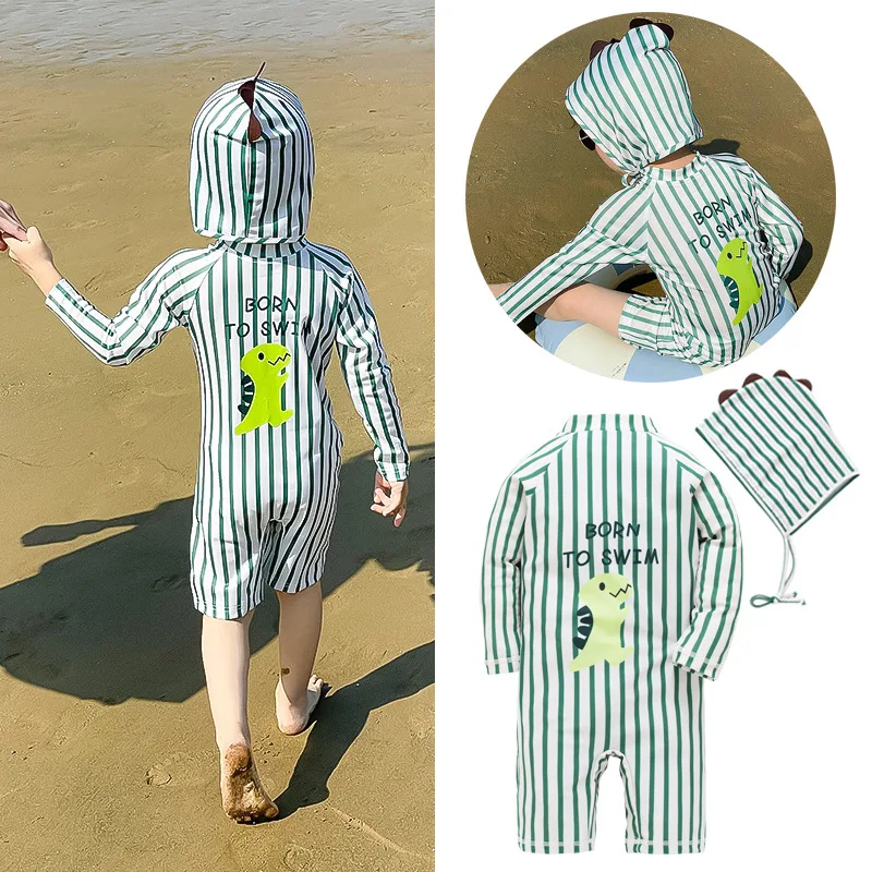 2024 baby boys  dinosaur swimwear with cap surfing Wear  swimming suit infant toddler kids children Sunscreen beach bathing Suit 1