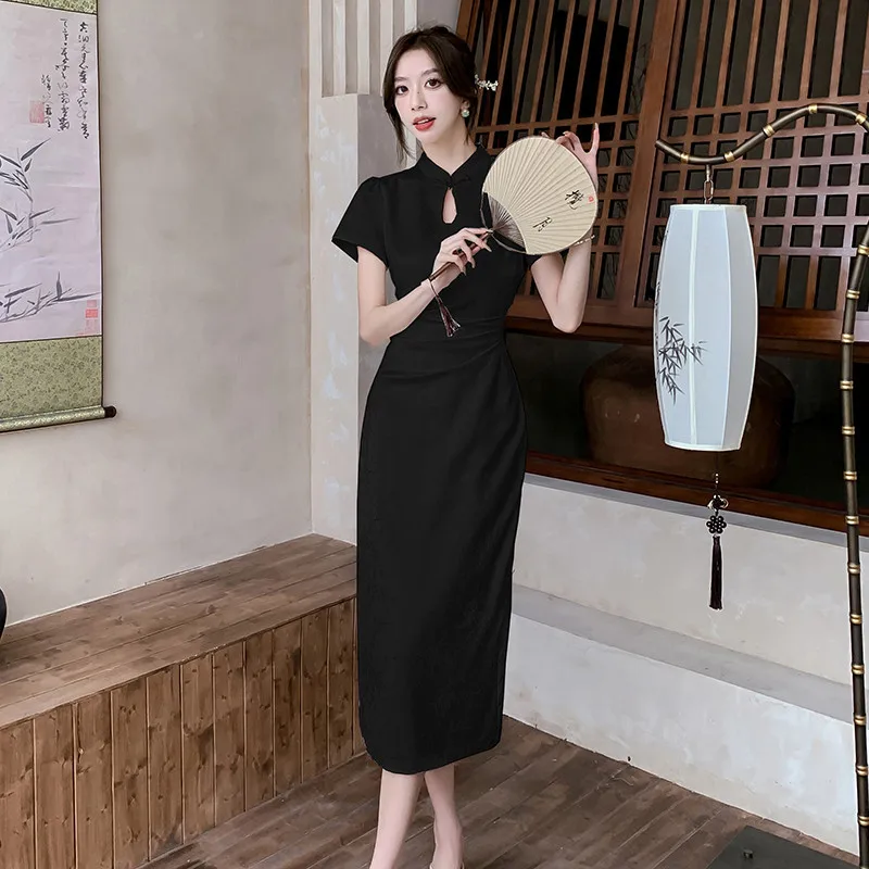 New Chinese Style Black Creamy-white Qipao Dress Women's