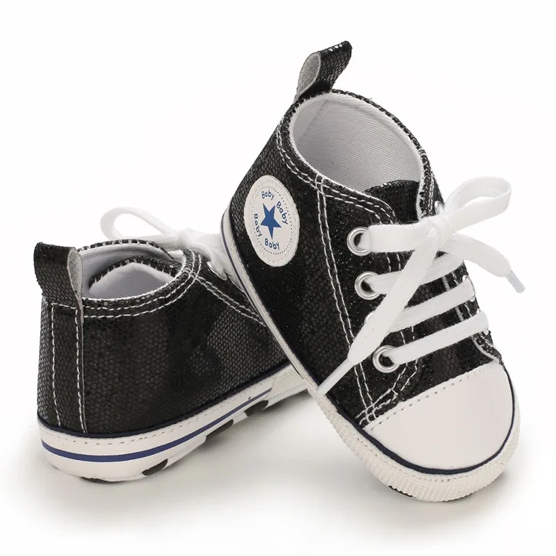 Yibubu Black Baby Shoes Bling Canvas Infant Baby Girls Shoes Lace-up Sneaker Soft Sole Anti-slip Toddler First Walkers 4
