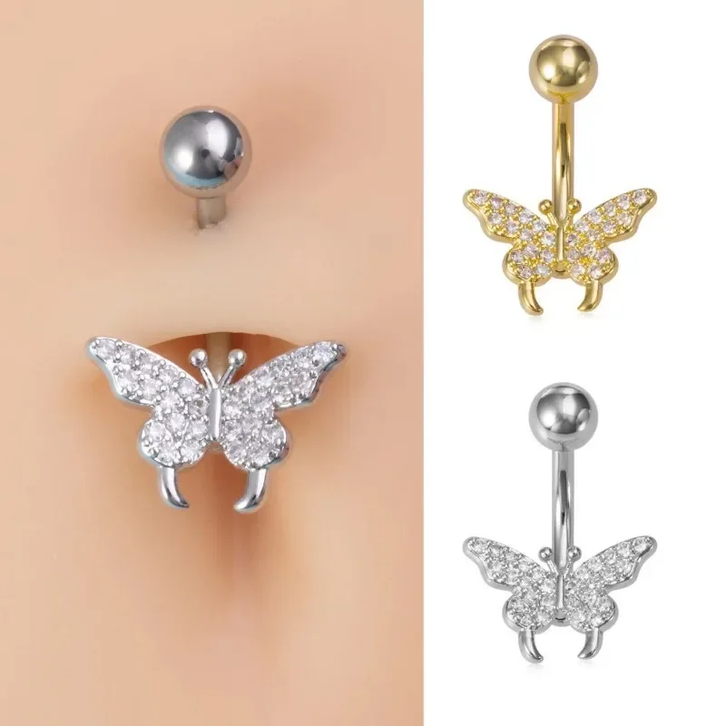 Crystal Heart Belly Button Rings Stainless Steel Butterfly Belly Ring Cute Pink Navel Barbell Body Piercing Jewelry for Women