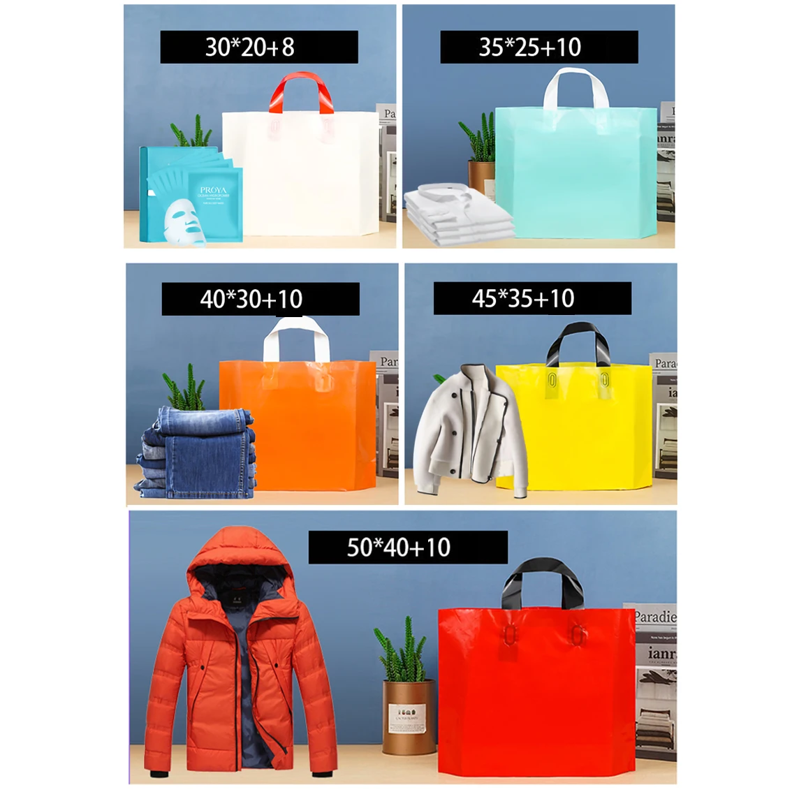 맞춤형 로고 쇼핑백, 플라스틱 가방, 선물 가방, 의류 매장, 양면 로고 인쇄, 여름 할인, 200 개