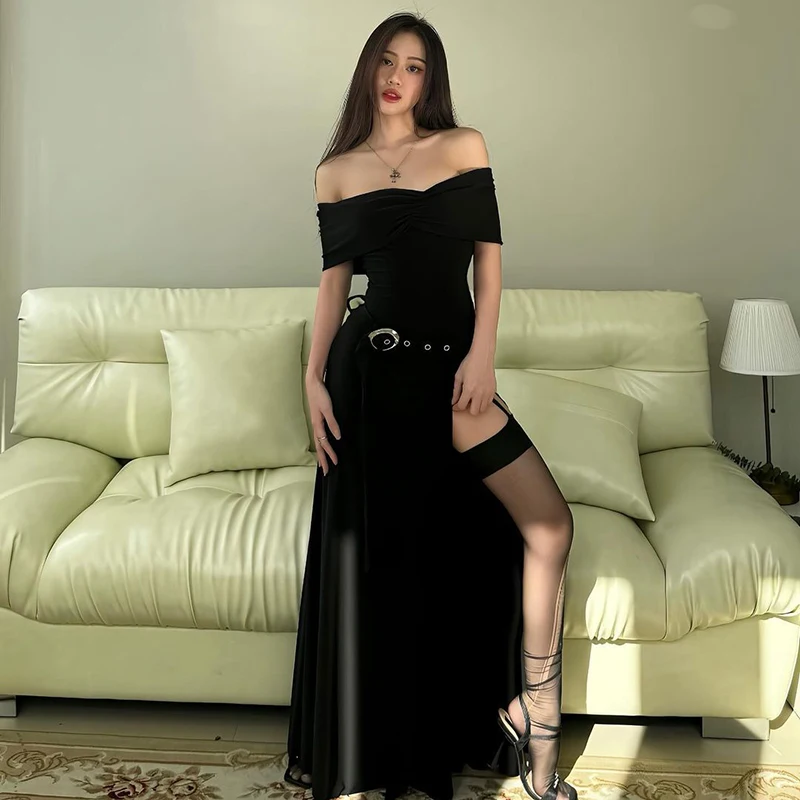 

Lygens Off The Shoudler Ruched Slit Belt Women'S Dresess Elegant Evening Party 2024 Streetwear Summer Korean Casual Clothes