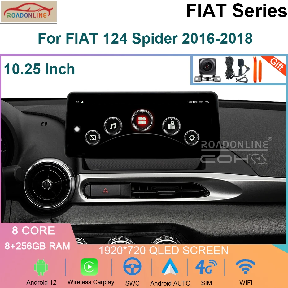 Per Fiat 124 Spider 2016-2018 Android 12 Octa Core 8 + 256G 1920*720 Lettore Multimediale Per Auto Ricevitore Stereo Radio Carplay Wifi 4G
