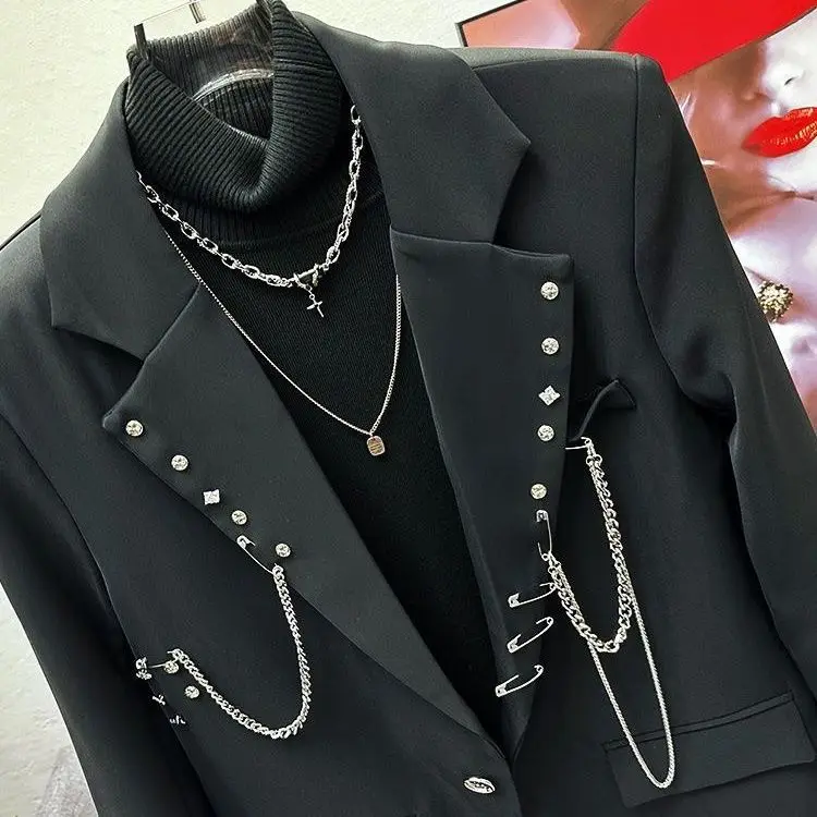 Black suit jacket, men's and women's single suit top, autumn Korean style trendy high street men's loose small suit