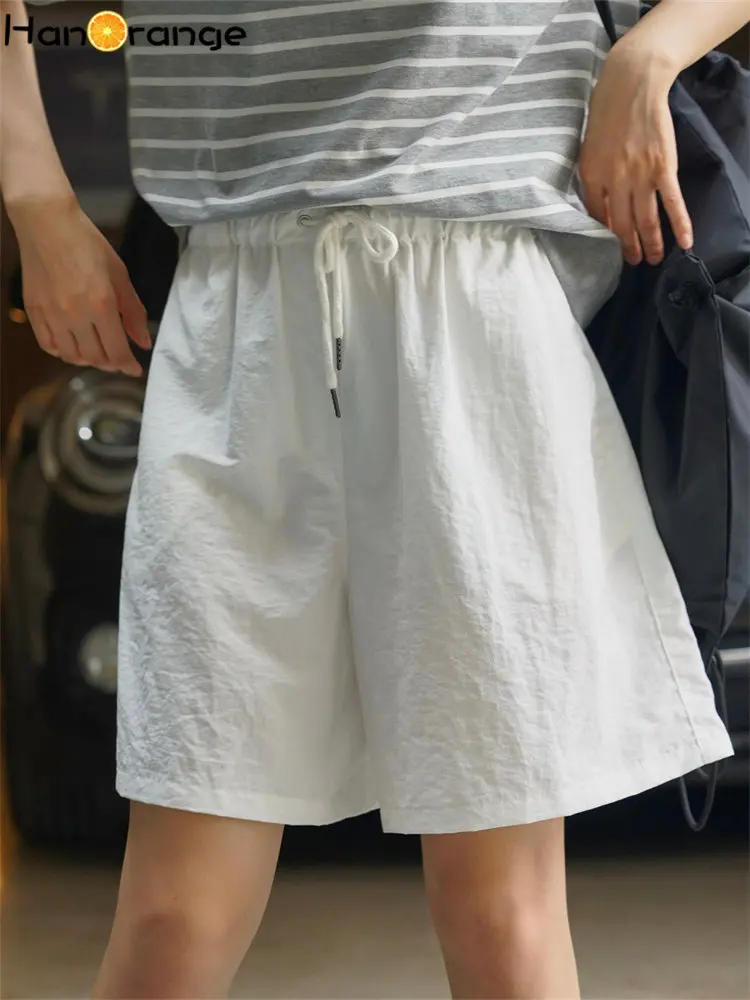 

HanOrange 2023 Summer Casual Sports Drawstring Wide Leg Shorts Women Smooth Loose Hot Pants Female White/Midnight Navy