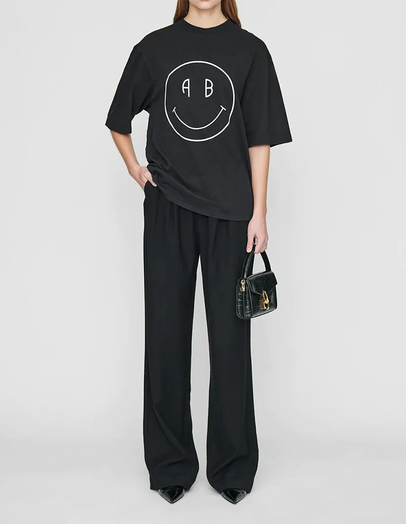 

Fashion Classic Trendy Luxury Designer Summer New Smiling Face Print Cotton Loose Round Neck Black Short Sleeve T-shirt Women