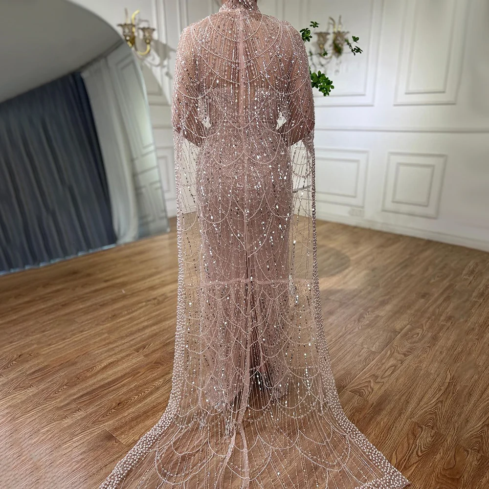 S7d18b5a3ded9414bace0c8f3200b5d17B Arabic Nude Mermaid Long Cape Sleeves Luxury Evening Dresses Gowns For Women Wedding Party Mallzona