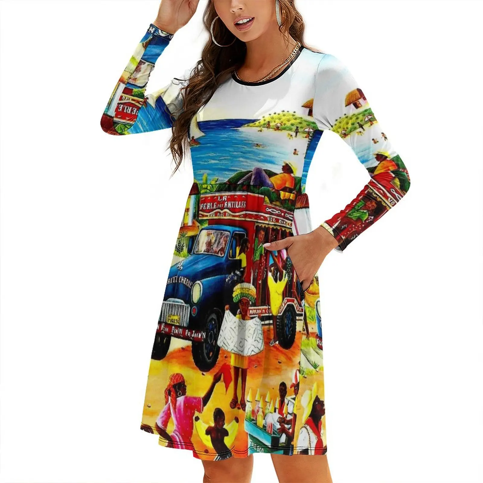 

HAITI : Vintage Travel and Tourism Advertising Print Round Neck Baggy Dress beach dresses Woman clothing ceremony dresses