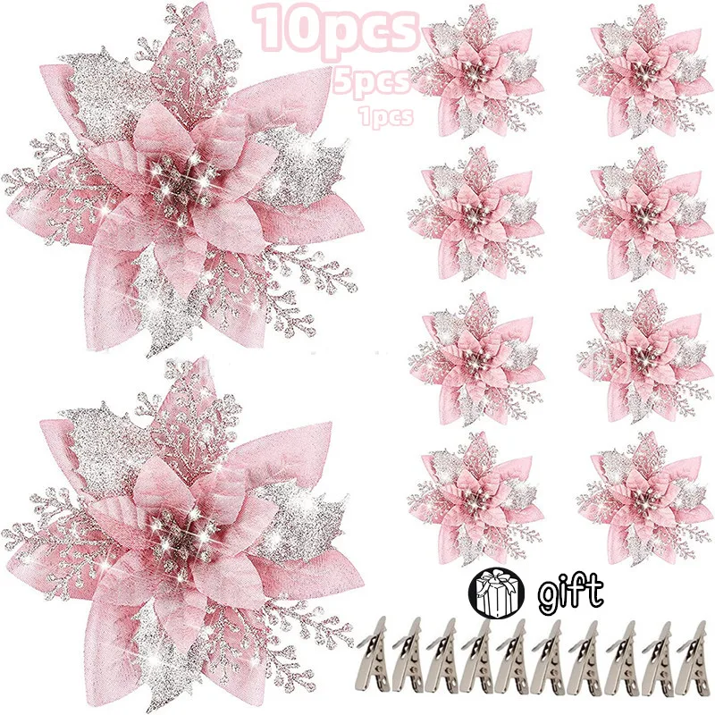 10/5/1pcs 14.5cm Glitter Artifical Christmas Flowers  Christmas Tree Decoration Happy New Year Ornaments Xmas Fake Flowers natal