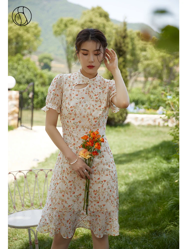 

DUSHU Loose Office Lady Women's Hollow Embroidered Improved Cheongsam Dress 2021 Summer New Red Floral Retro Women Dress