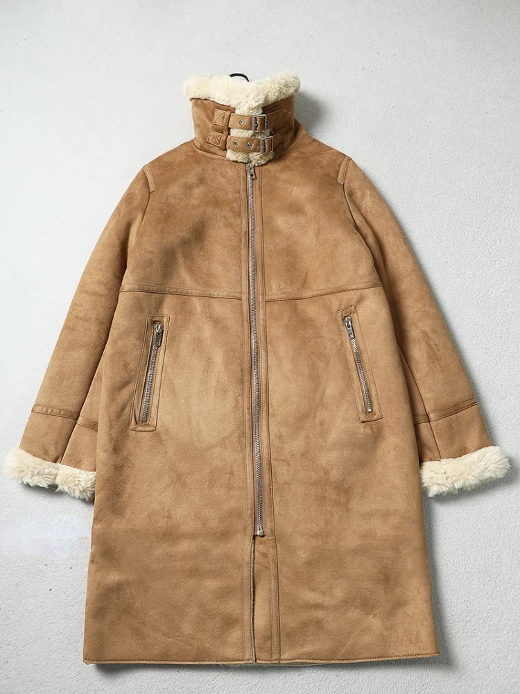 

FTLZZ New Winter Motorcycle Thick Long Coat Women High Street Faux Shearling Sheepskin Leather Jacket Lapel Warm Pu Outwear
