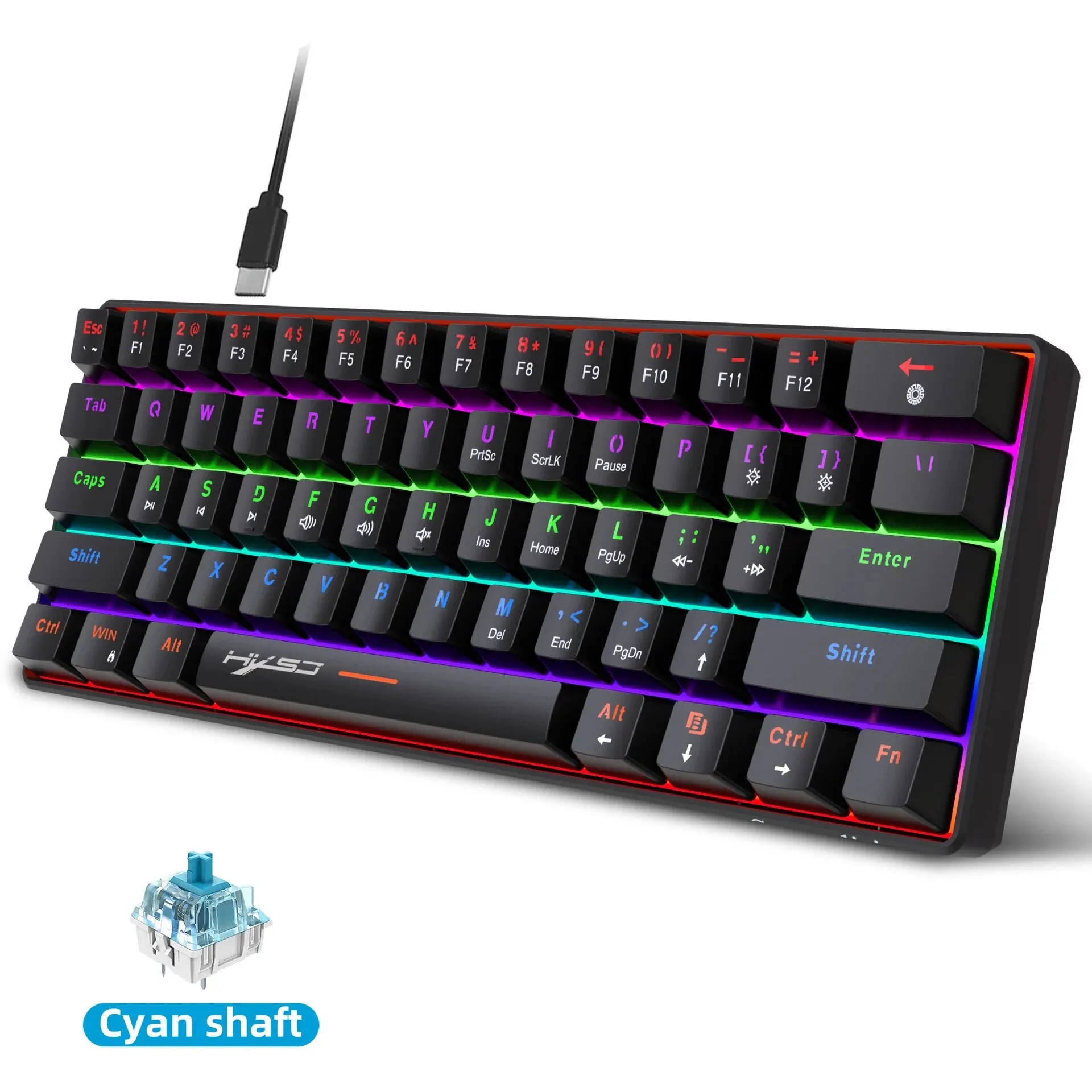 HXSJ RGB 기계식 키보드, 61 키 게임용 키보드, 블루 스위치, 내구성 컴팩트, 다양한 조명 모드 키보드 