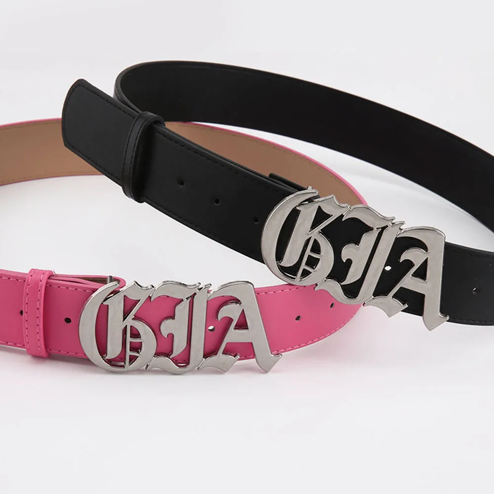 

Belt For Women Silver Metal Buckle Waist Belt Punk Waist Strap Letter Leather Snap Belt Casual Jeans Pants Decorative Waistband