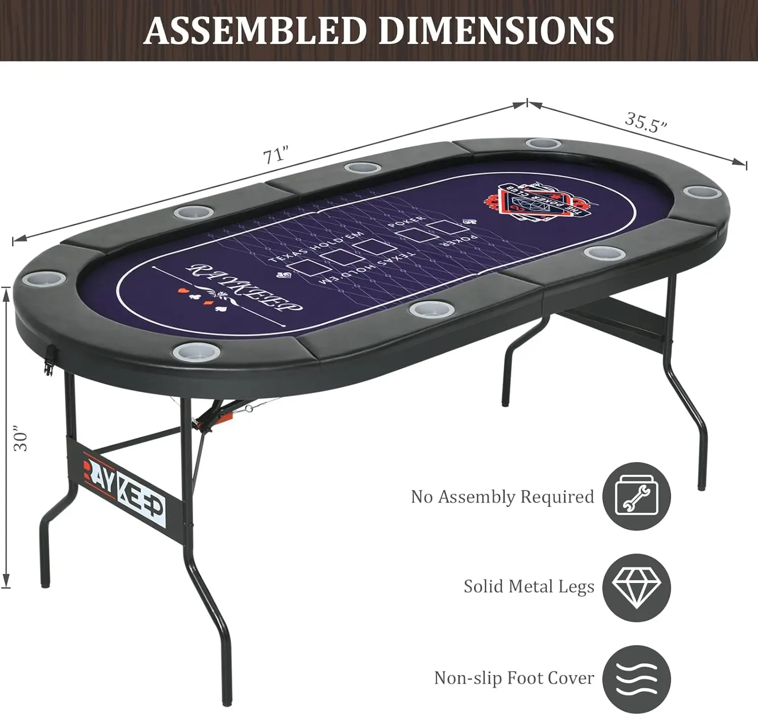 Table Foldable, 8 Player Folding Poker Tables w/Collapsible Legs, Casino Grade Felt, Padded Rails and Cup Holders, Portable Poke