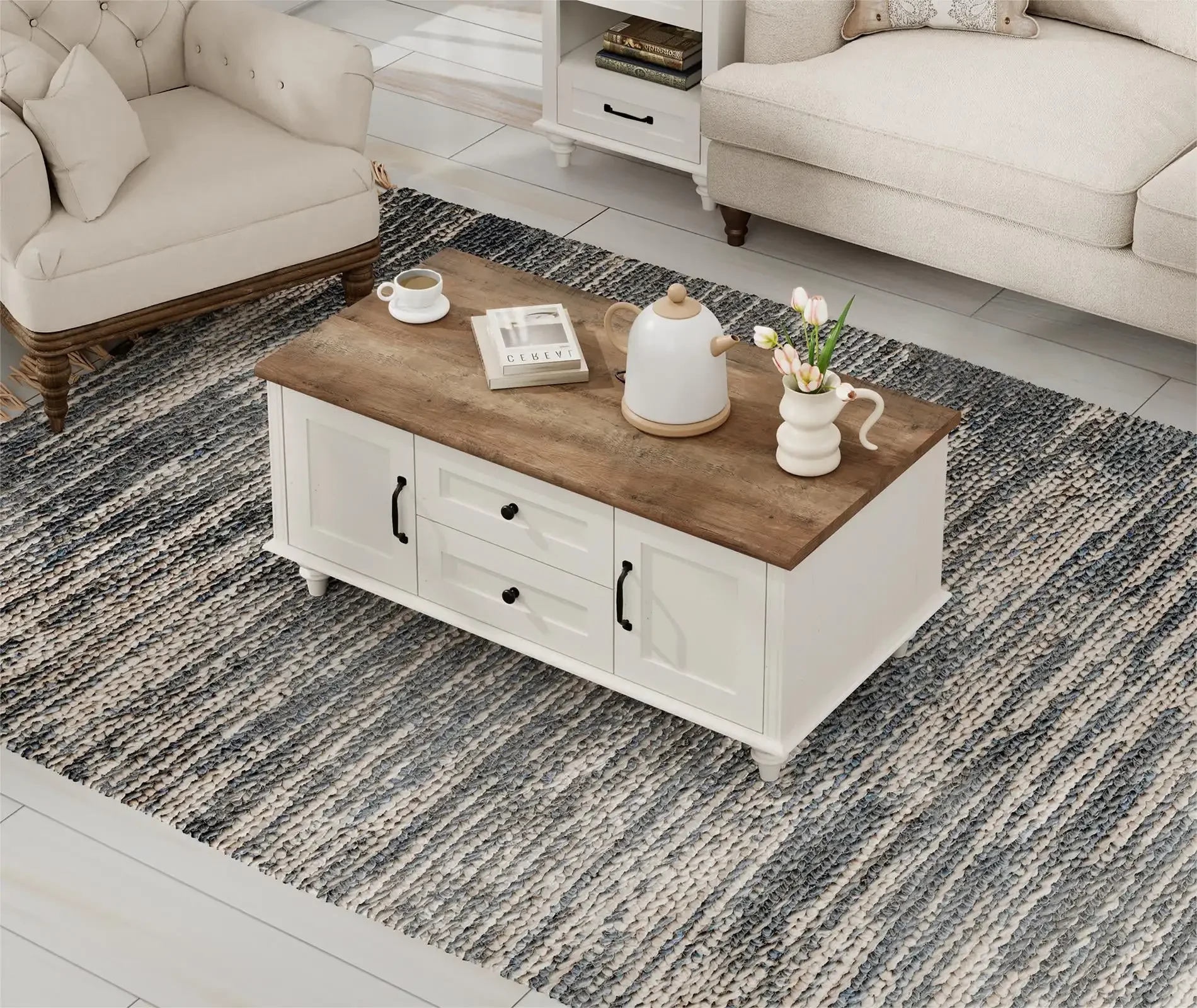 White Coffee Table with Storage Cabinet Rectangle Center Table with Drawer Tea Table for Living Room  Made of High Quality Wood 2