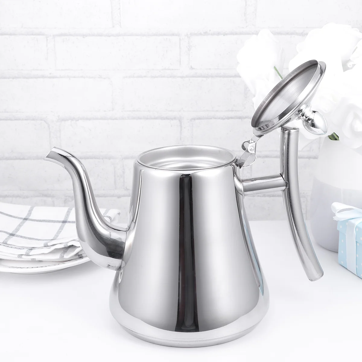 

Gooseneck Kettle Electric Stainless Steel Tea Kettle Coffee Teapots with Tea Strainers for Stovetop Safe Boiled Silver