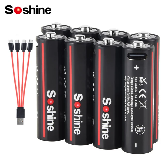 Soshine 1.5V 4200mWh Aa Rechargeable Batteries USB Lithium Battery Aa Rechargeableor Mouse Remote Control Toy Car Game Machine 1