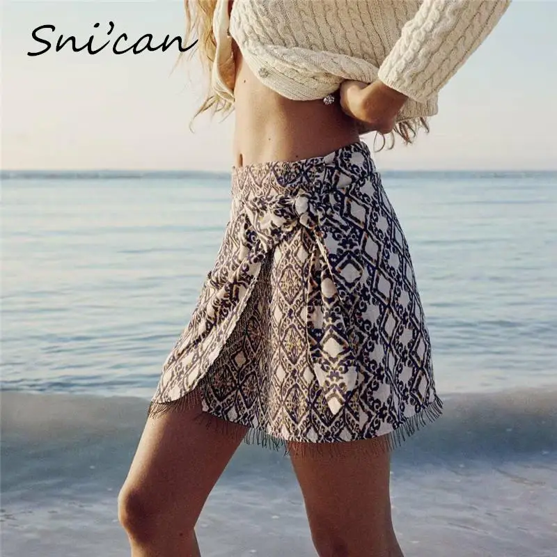 

Fringes Plaid Sarong Skirt Women Oversize Casual Aymmetrical Bandage Short Female Bottom Vintage Bohemian Holiday Faldas Mujer