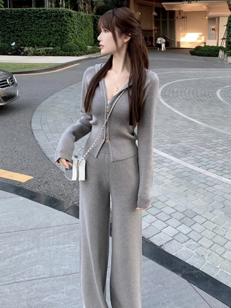 Women Fashion Slim Knitted Tracksuits 2 Piece Set Autumn Winter Casual Hooded Zip-up Short Coat Trousers Outfits Femme Clothing 6