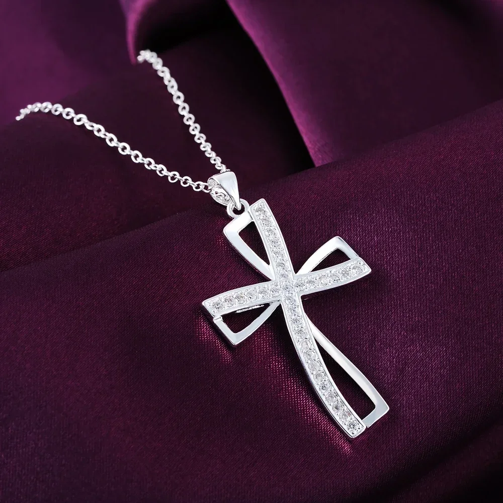 45cm 925 sterling silver necklace charm for women cyrstal Cross pendant chain jewelry fashion cute wedding party pendant necklace,silver necklace,silver necklace charms