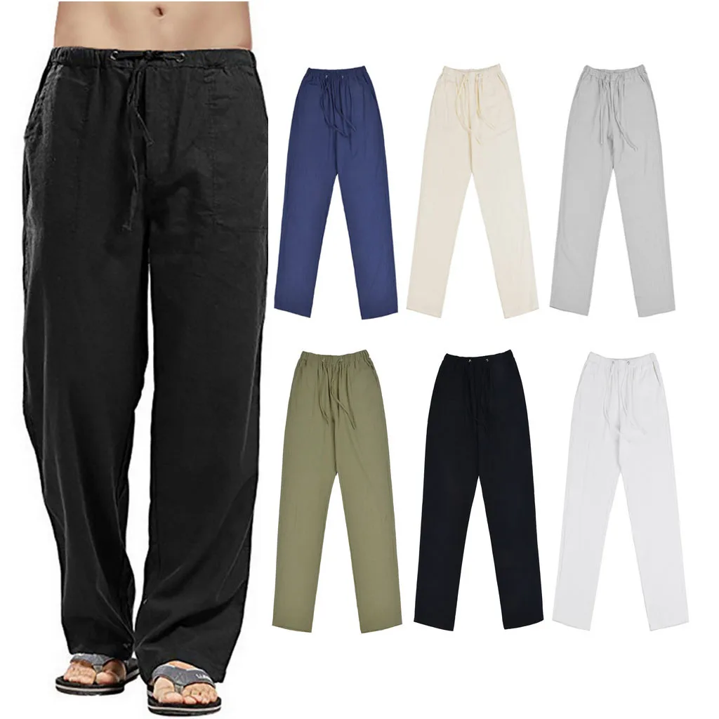 Men's Linen Trousers Mens Casual Trousers Cotton Home Trousers