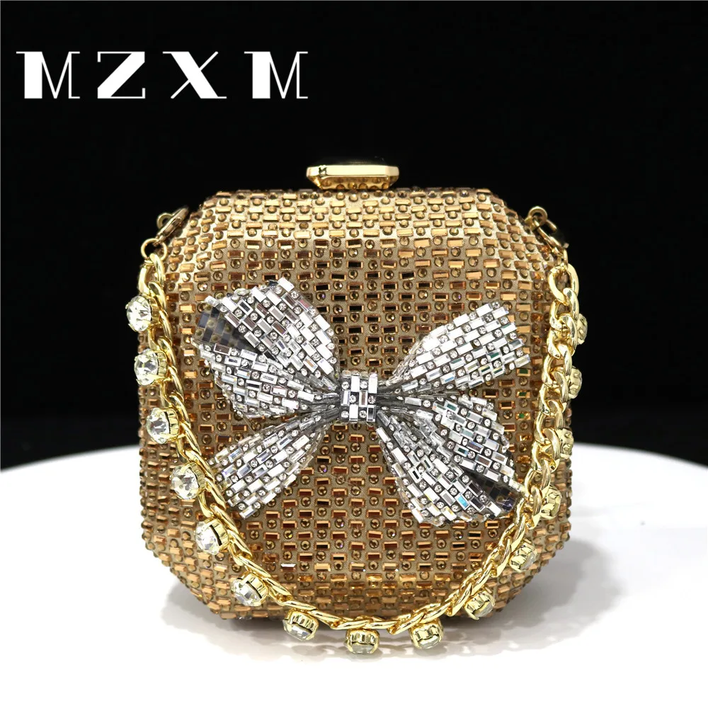 

Small Box Square Women's Diamond Bowknot Wallet Clutch Chain Shoulder Artificial Diamond Crossbody Bag Water Diamond Weeding Bag