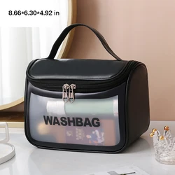 Translucent Waterproof Portable Toiletry and Makeup Bag with Handle - Large Capacity (Flip cover - black)