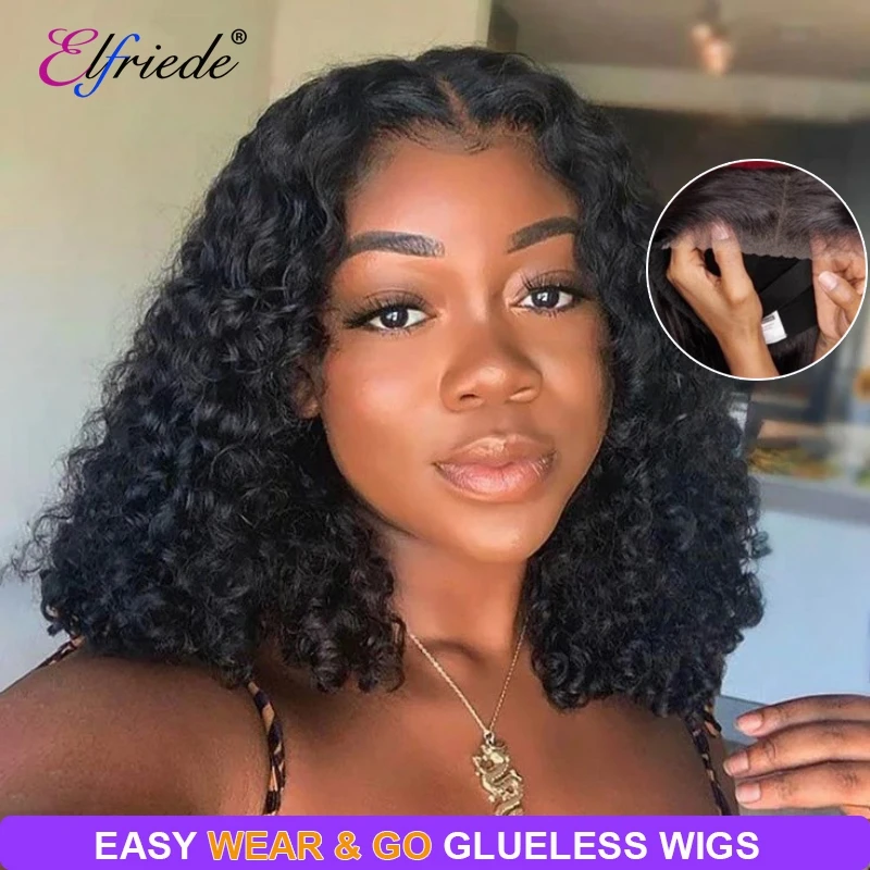 

Elfriede Water Wave Bob Glueless Wigs Human Hair Ready to Wear 4X4 Lace Closure Natural Black Precut Remy Hair Wigs for Women