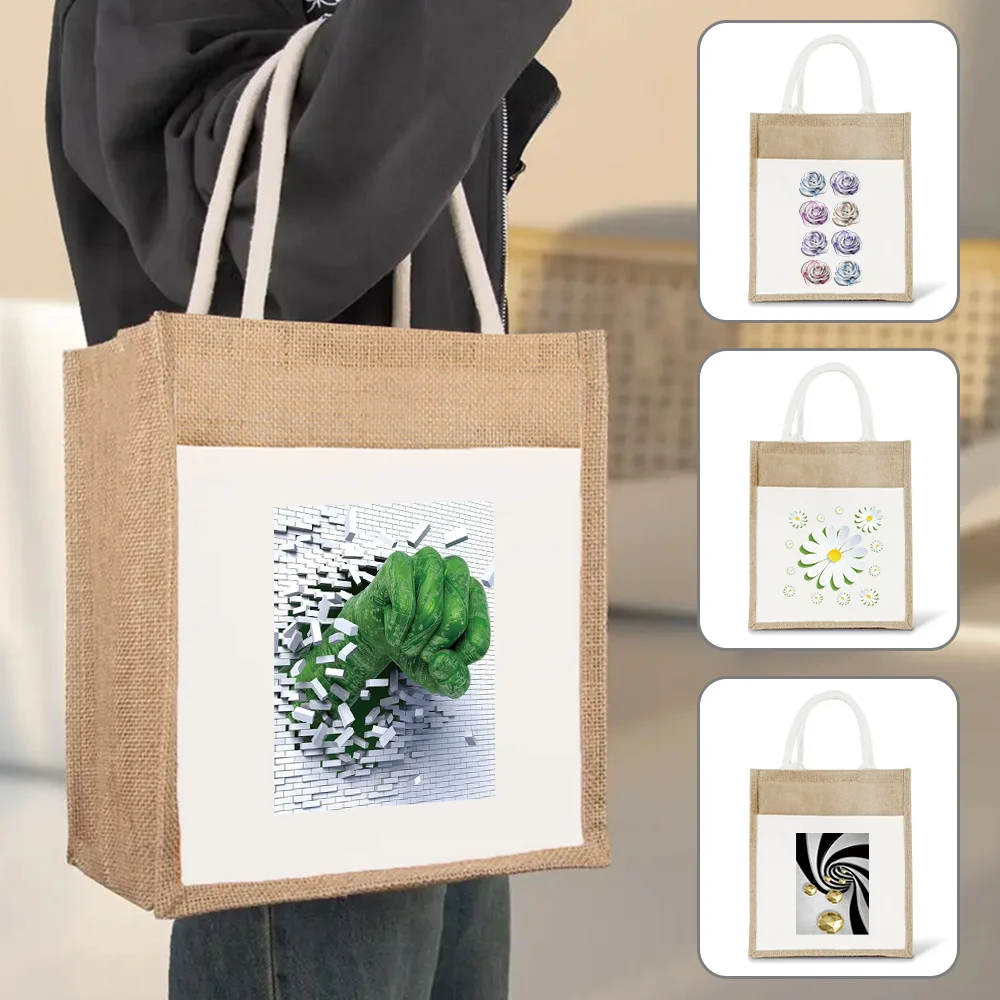 

Льняная сумка, хлопковые мешки ручной росписи, джутовые переносные Имитационные мешки, льняные сумки, модные сумки для покупок серии 3D, ламинированные сумки, Новинка