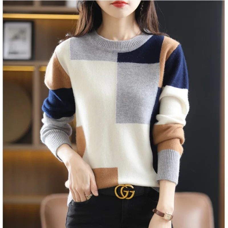 

Color Block O-Neck Vrouw Truien Dames Pull Hiver Femme Chandails Frau Pullover Winter Clothes Knitted Tops Women Sweaters 2023
