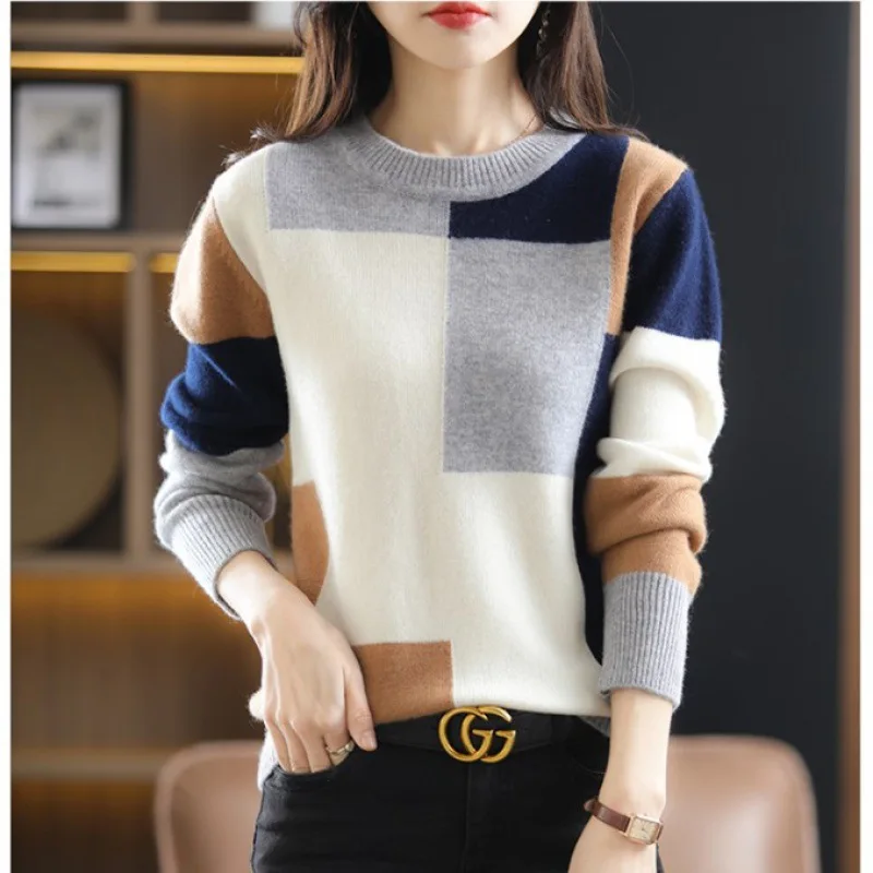 Color Block O-Neck Vrouw Truien Dames Pull Hiver Femme Chandails Frau Pullover Winter Clothes Knitted Tops Women Sweaters 2023 1