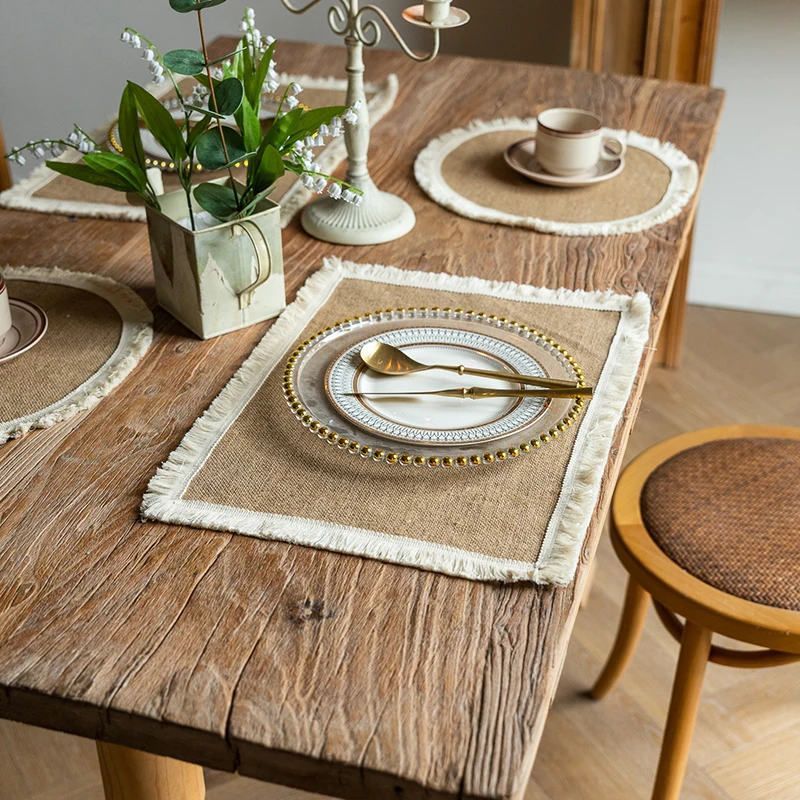 

1PC Vintage Soft Linen Placemat Heat Insulation Dining Place Mat Fringe Trim Table Mat Jute Non-slip Tassels Solid Color