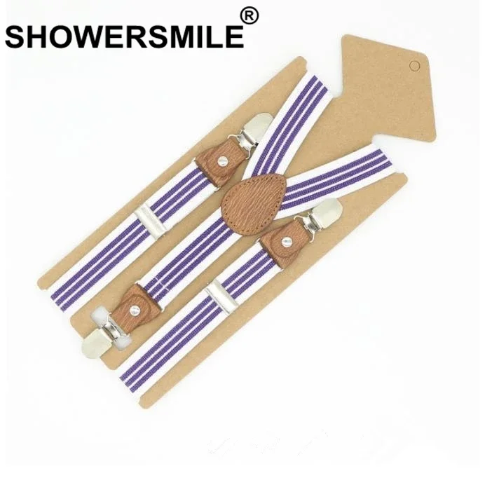 SHOWERSMILE Braces For Children Suspenders Strap Pink Stripe Leather Pants Strap Clips Tuxedo Suspensors For Boys Girls Tirantes