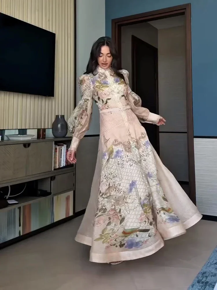 Floral Print Button-Down Maxi Dress With Mock Neck, Lantern Sleeves And Belt — photo 2