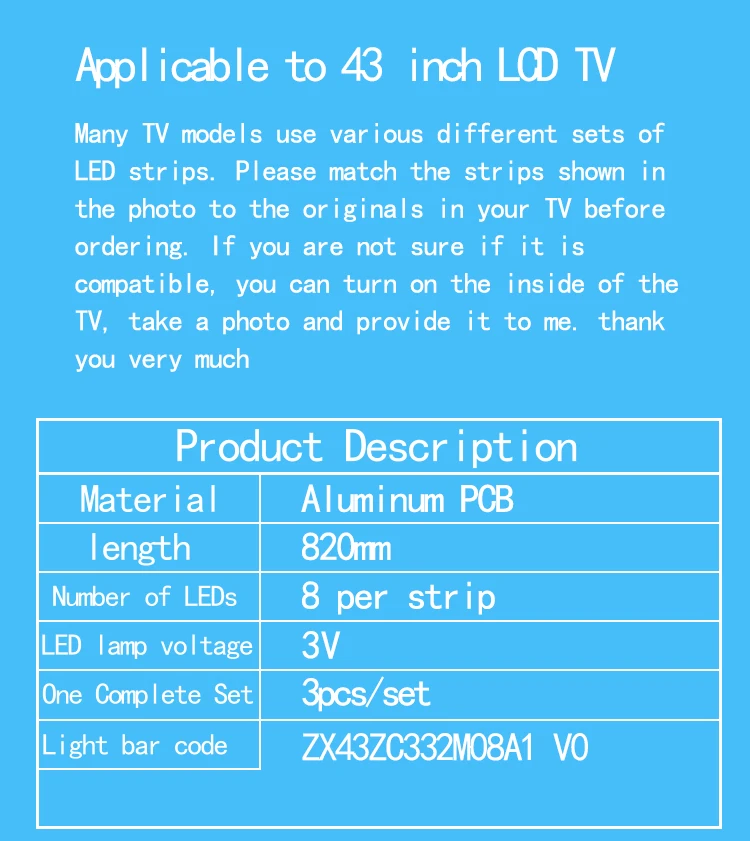 New 3PCS/lot 820mm 8LEDs 3V For 43