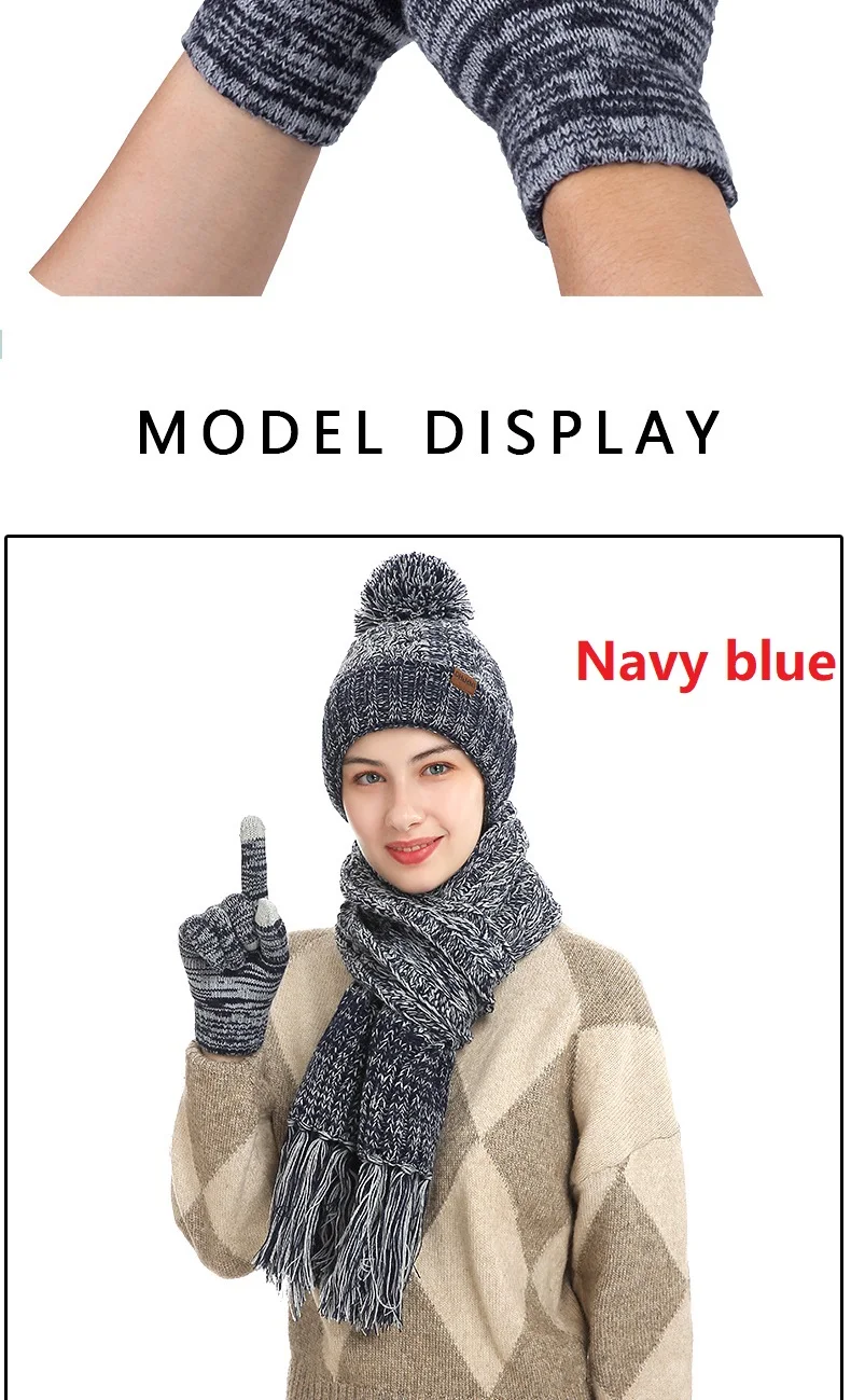 Charmingjolly Winter Hat Scarf Gloves Set Knitted Pompom Mutil Color Warm Tassel Scarf Hats for Women Thickened Fleece Touch Screen Gloves Set Free Shipping