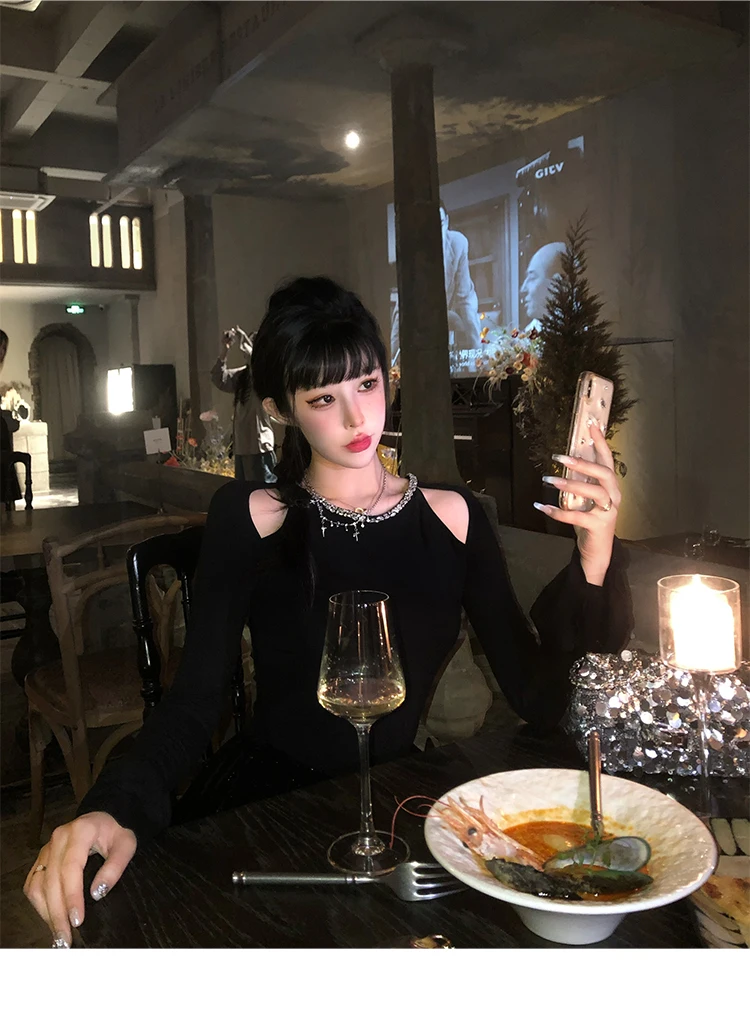 Autumn Winter Knitted Black Dresses for Women Long Sleeves High Waist A-line Birthday Party Dress Mini Vestidos Female Clothing