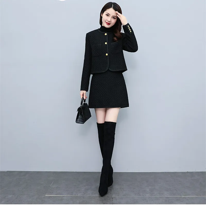 

Autumn Tweed Women 2 Piece Outfits Set Fashion Button Woolen Tweed Jacket Coat+Elegant A-Line Skirt Suits Fashion