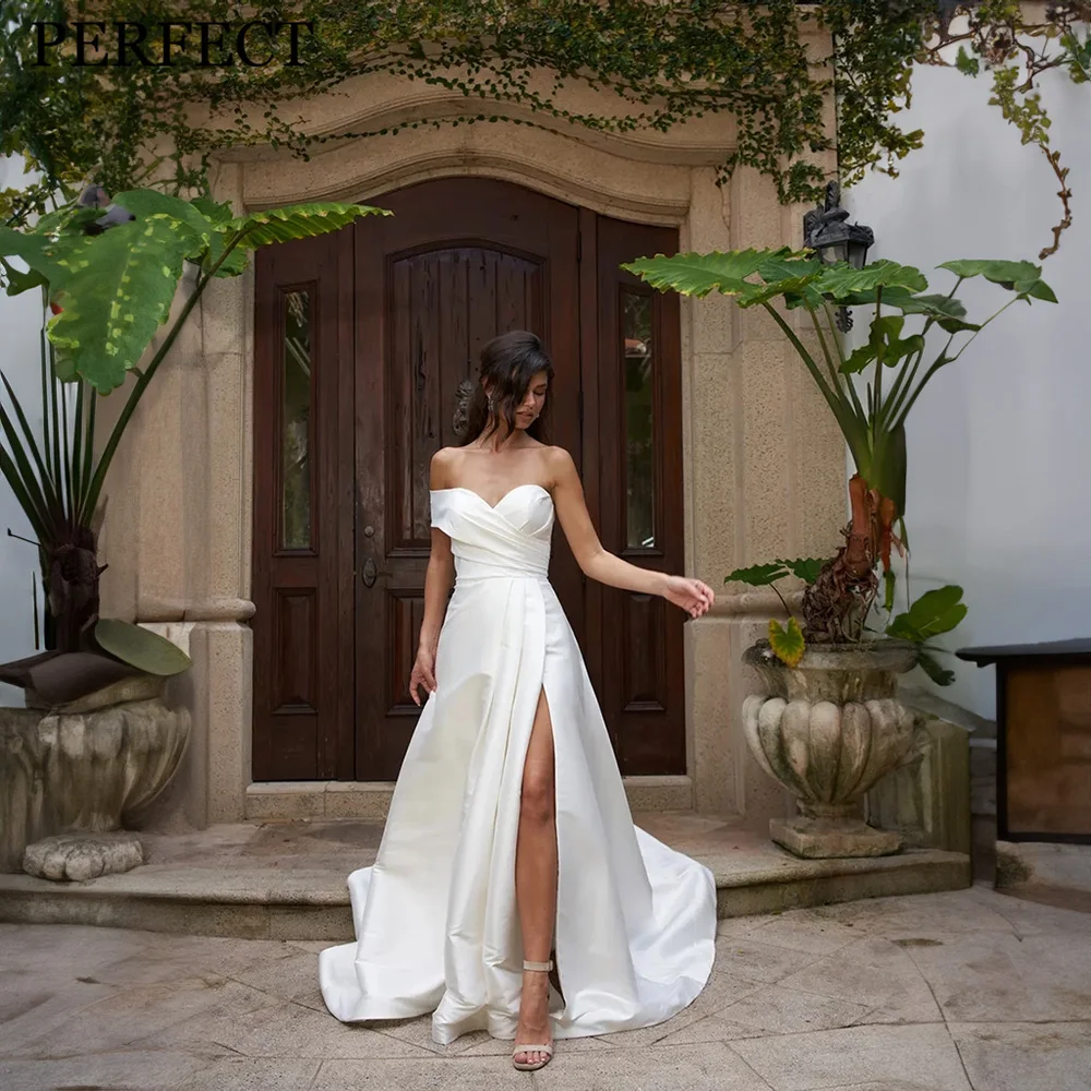 

PERFECT Wedding Dresses For Woman A-line Sweetheart Front Slit Off The Shoulder Court Train Open Back Satin Robe De Mariée