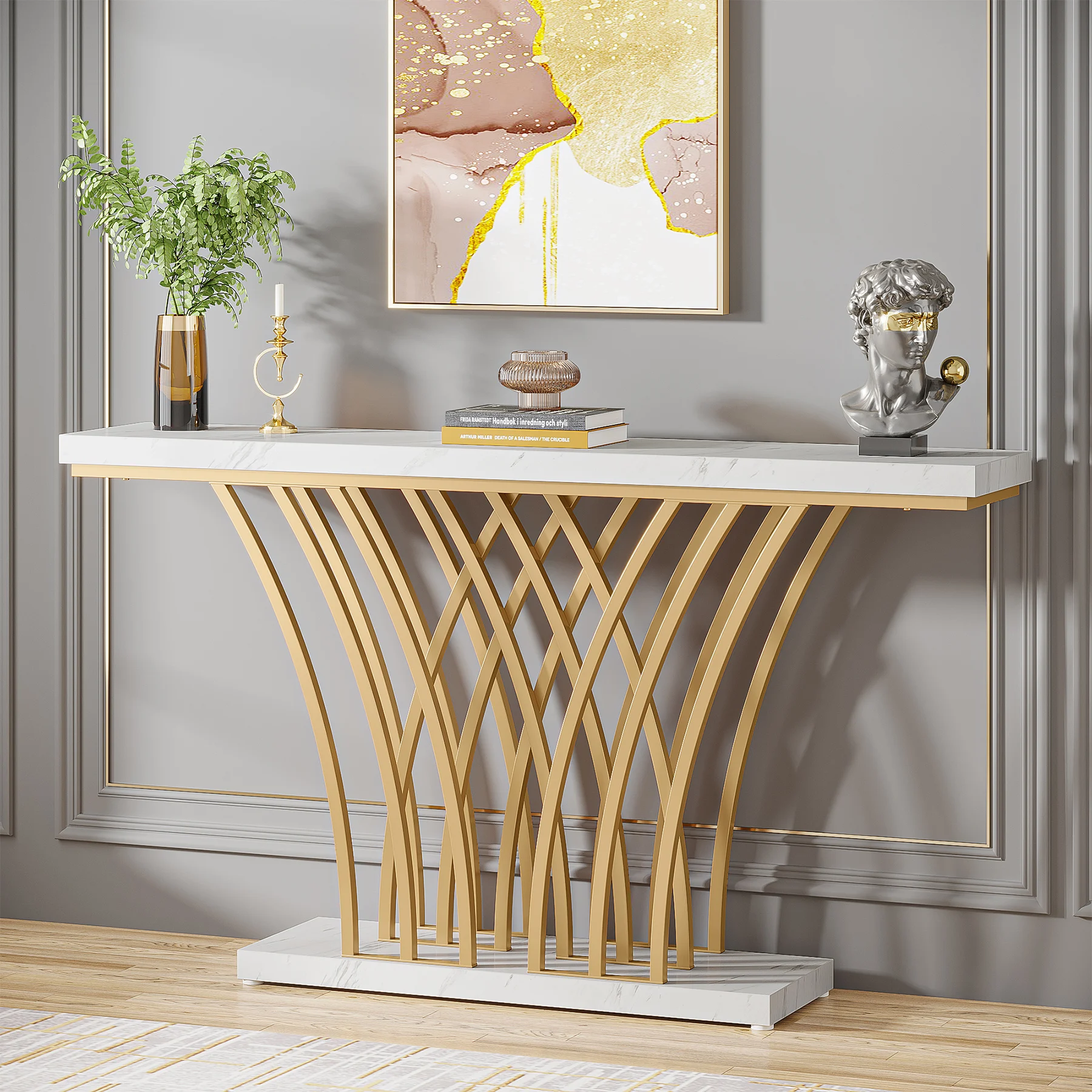 Tribesigns-Table console dorée 59 pouces, table d'entrée moderne avec base métallique en forme de grille pour entrée, couloir, entrée 1 Tribesigns-Table console dorée 59 pouces, table d'entrée moderne avec base métallique en forme de grille pour entrée, couloir, entrée 1