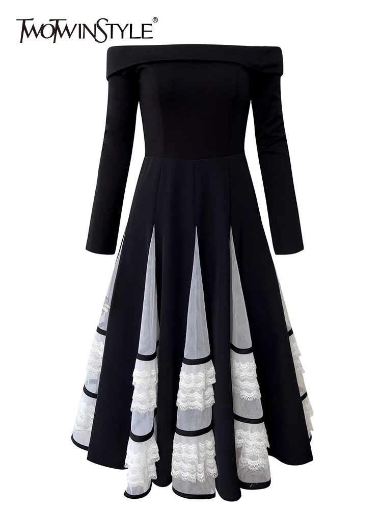 

TWOTWINSTYLE Patchwork Mesh Formal Dresses For Women Slash Neck Long Sleeve High Waist Off Shoulder Vintage Dress Female 2023