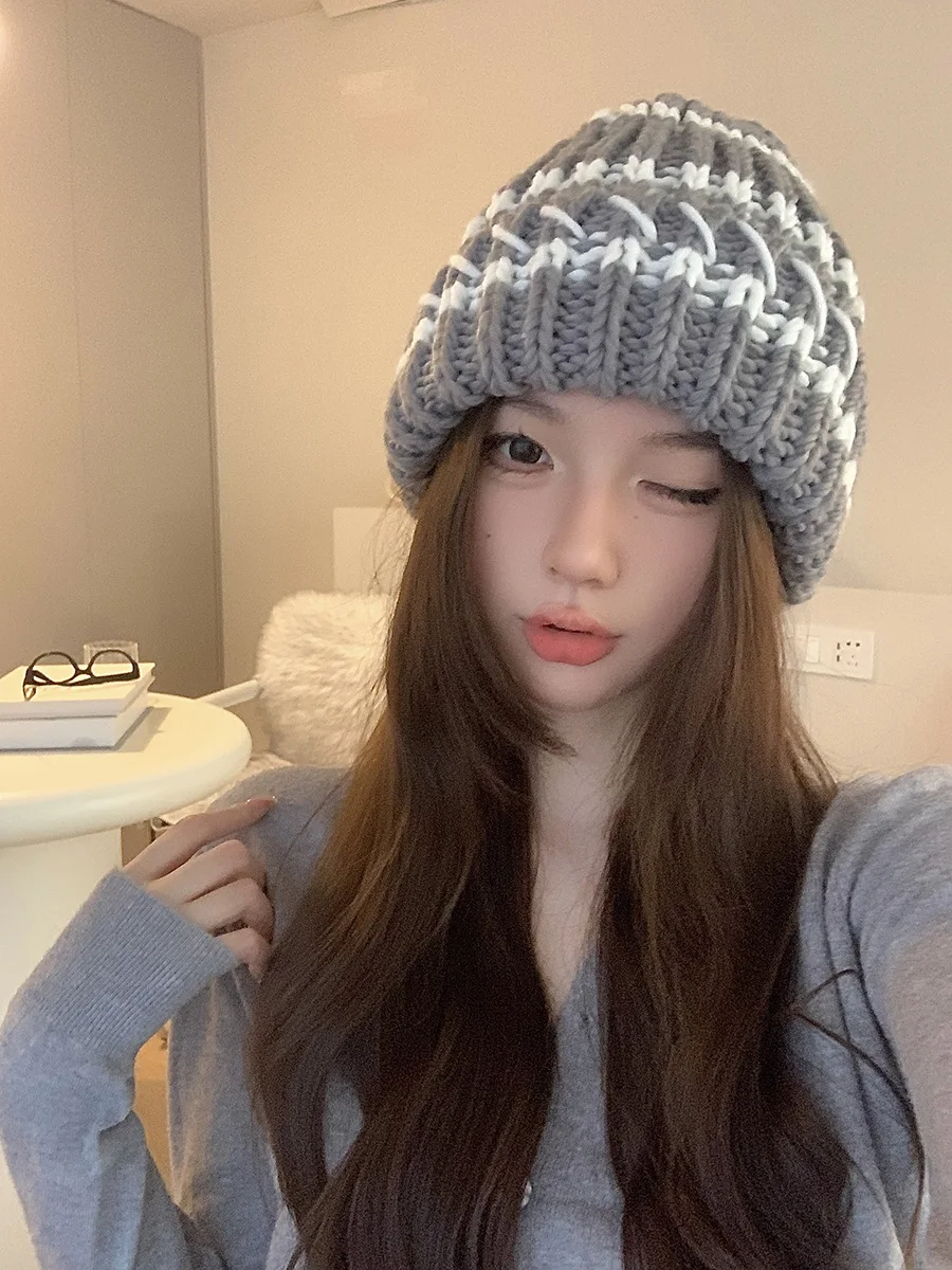 Gebreide beanie muts dames gestreept dik winter warm retro stijl_voghion.com
