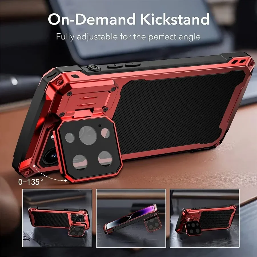 For iPhone 14 Pro Max Heavy Duty Aluminum Metal Case 10FT Military Shockproof Cover Built-in Screen Lens Protector Camera Stand