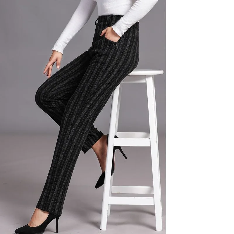 Spring and Autumn Women's Stripes High Waist Slim Classic Pencil Pants Elastic Pockets Fashion Casual Commuter Trousers