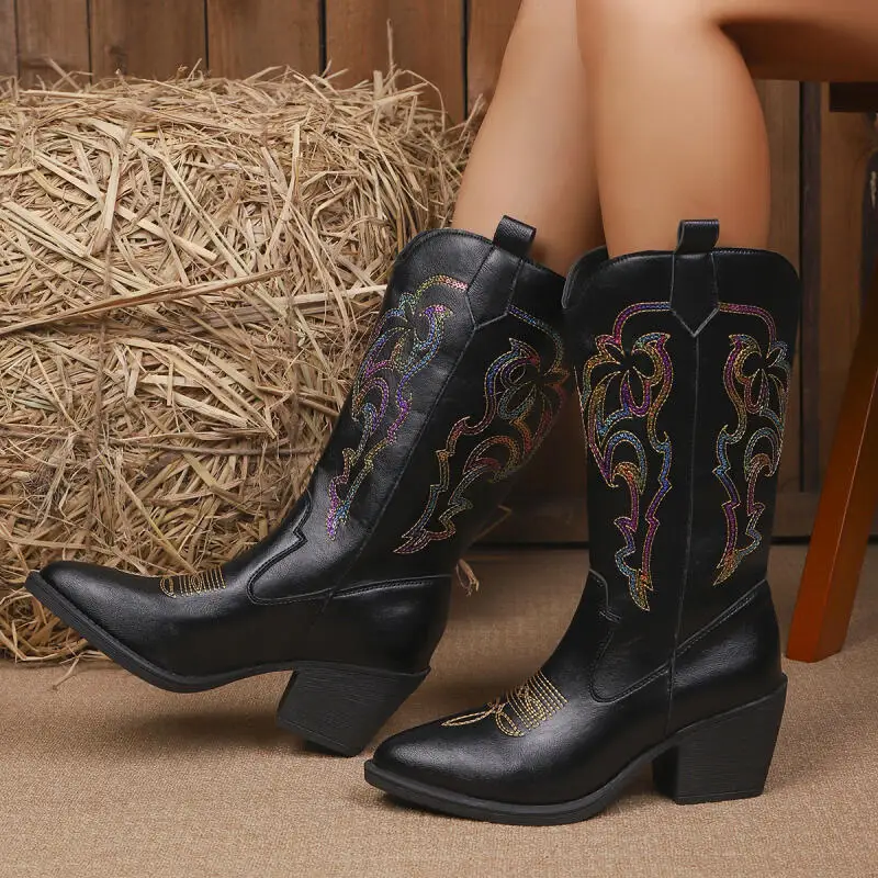 Bohemia Embroidery Western Riding Boots Women 2025 Autumn Sexy Pointed Toe Black Mid Calf Boots Woman's Cowboy Booties Winter