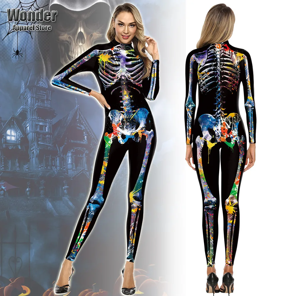 

Women Men Human Body Skull Skeleton 3D Printing Jumpsuit Adult Halloween Cosplay Costumes Party Role Playing Dress Up Outfit